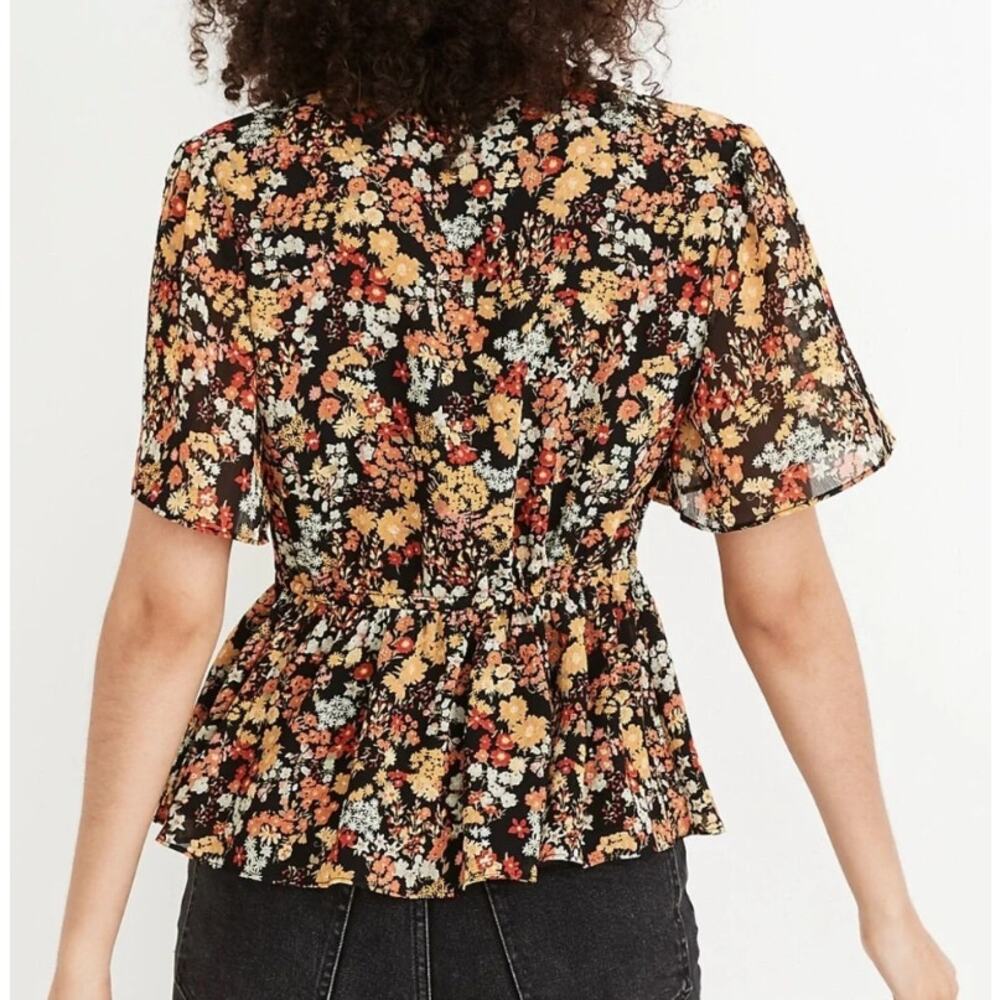 MADEWELL Short-Sleeve Peplum Wrap Top V-Neck Tie Waist Flower Garden Womens Sz M - Picture 2 of 8